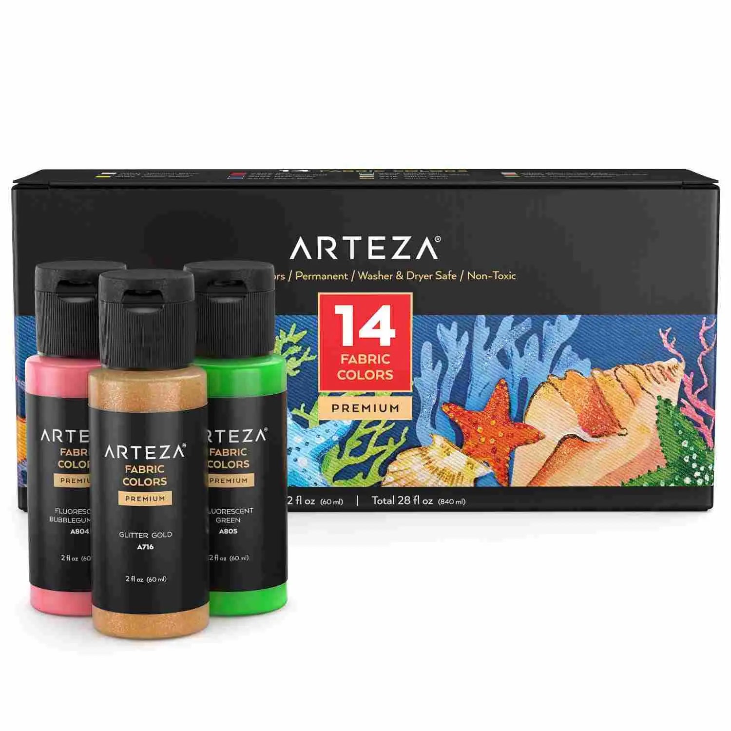 ARTEZA Fabric Paint for Clothes, Set of 14, 60 ml Bottles, Washable Acrylic Textile Paint, Art Supplies for Drawing on T-Shirts, Denim, Cotton, Linen, and Mixed Fabrics Arteza
