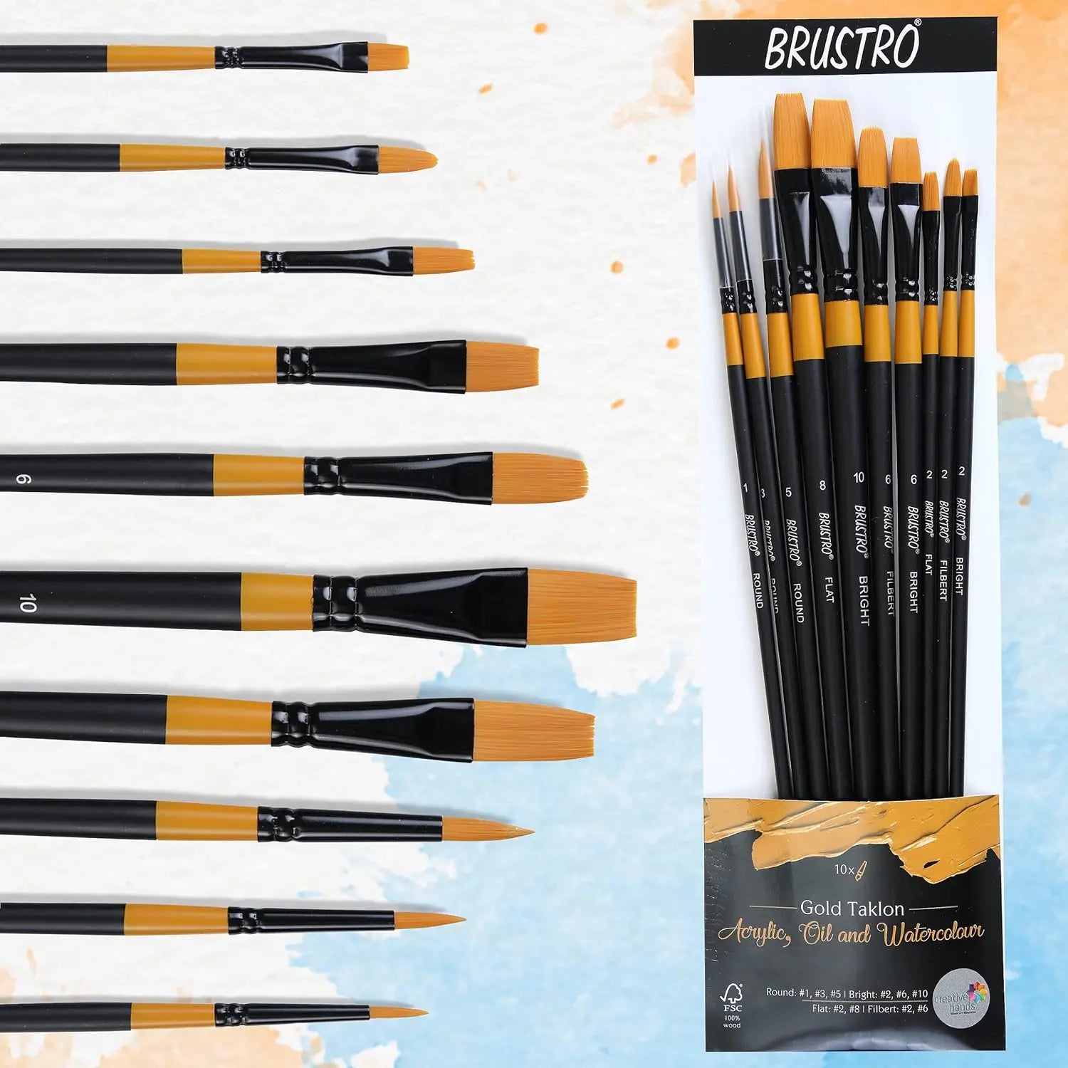 Brustro Artists Gold Taklon Brushes for Acrylics, Oil and Watercolour Set Of 10 Brustro