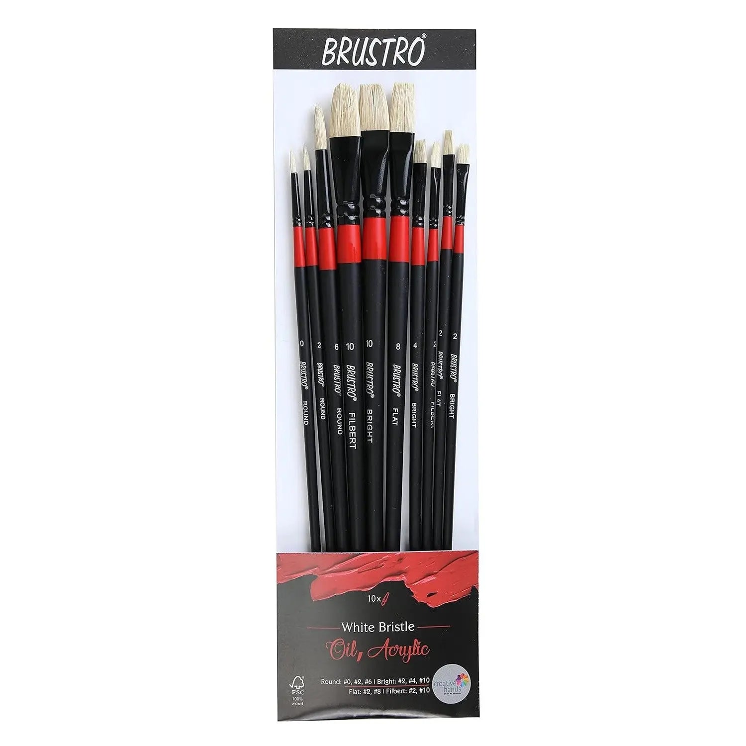 Brustro White Bristle Oil, Acrylic Colour Round  Brush Set Of 10 Brustro