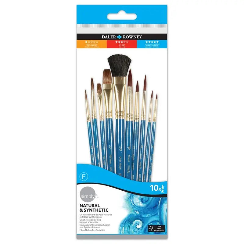 Daler Rowney Simply Watercolour Brush Natural & Synthetic Hair Brush Set of 10 Daler Rowney