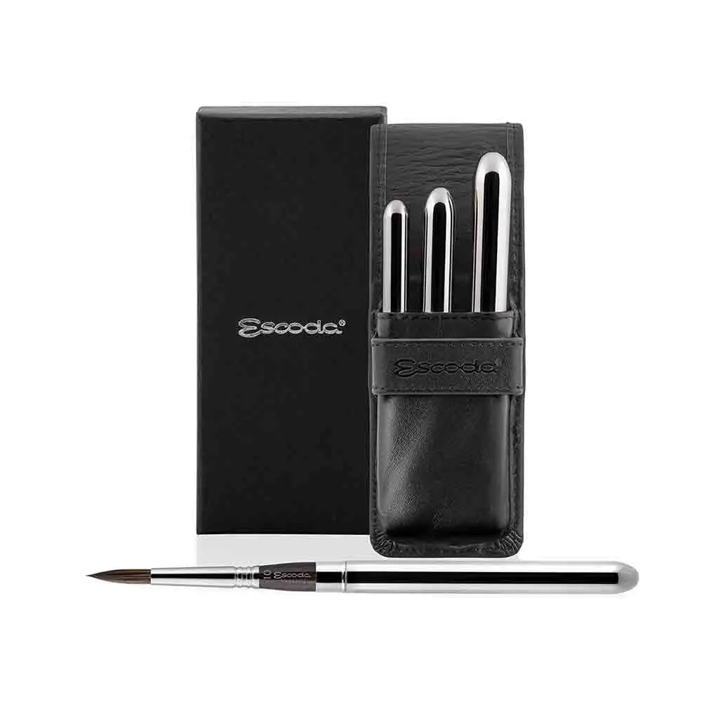 Escoda Versatil Synthetic Kolinsky Sable Hair Brushes Round Pointed Short Handle Travel Brush - Series 1548 - Set of 3  Black Leather Case Canvazo