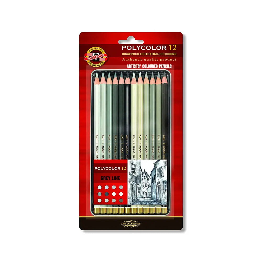 Kohinoor Hardtmuth Polycolor Artists Coloured Pencils - Grey Line Set Of 12 In Tin Box Kohinoor