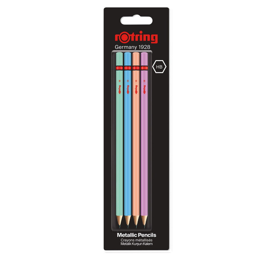 Rotring | Woodcase | HB Graphite Pencil | Metallic Assorted Colours | Blister Pack of 4 Wooden Pencils Rotring