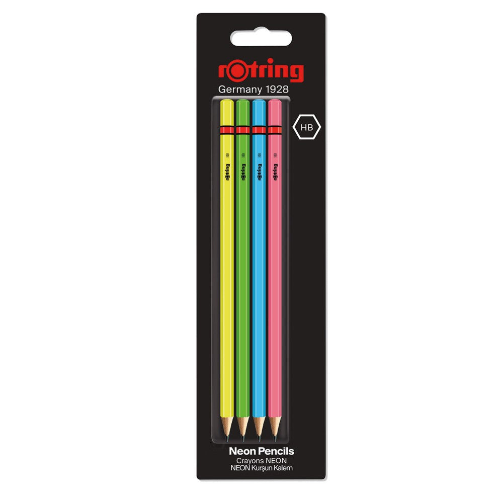 Rotring | Woodcase | HB Graphite Pencil | Neon Assorted Colours | Blister Pack of 4 Wooden Pencils Rotring