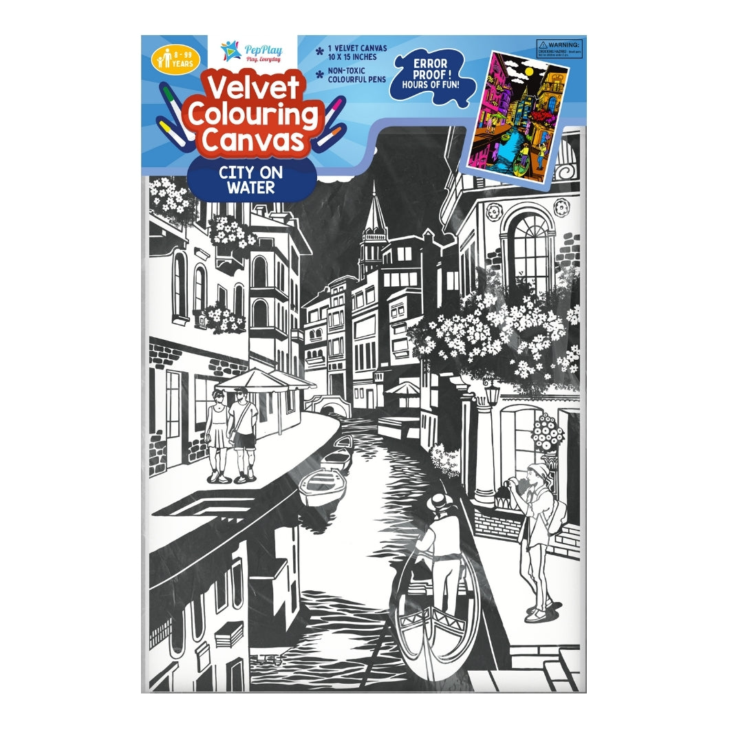 Velvet Colouring Canvas City on Water product cover – raised velvet city artwork for mindful colouring – PepPlay India