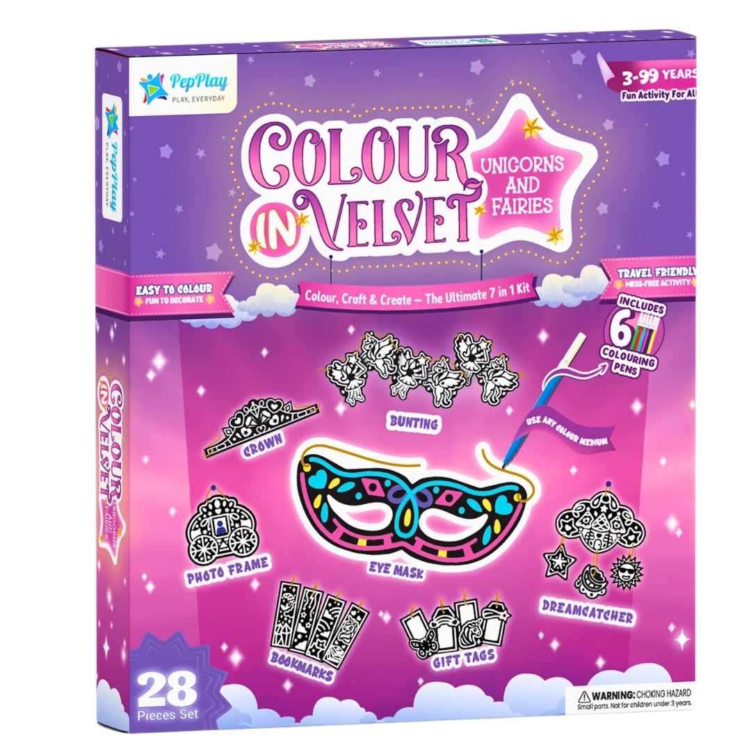 Colour in Velvet Unicorns and Fairies kit box – 28-piece velvet colouring craft set with 6 colouring pens – PepPlay India