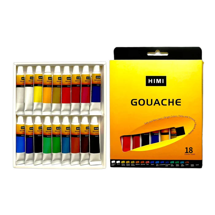 Gouache set with 18 vibrant colors for all your painting needs.