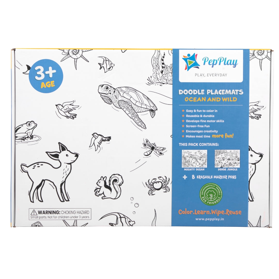 Doodle Placemats Ocean and Wild product pack – reusable colouring mats with 8 quick dry marker pens – PepPlay India