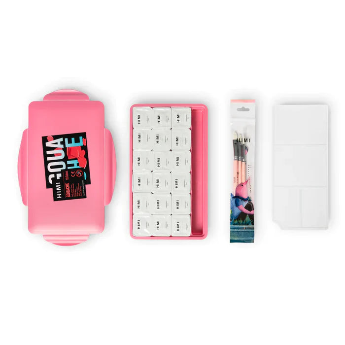  18 assorted Paint colors and 3 Brushes set in a Pink case by HIMI Gouache