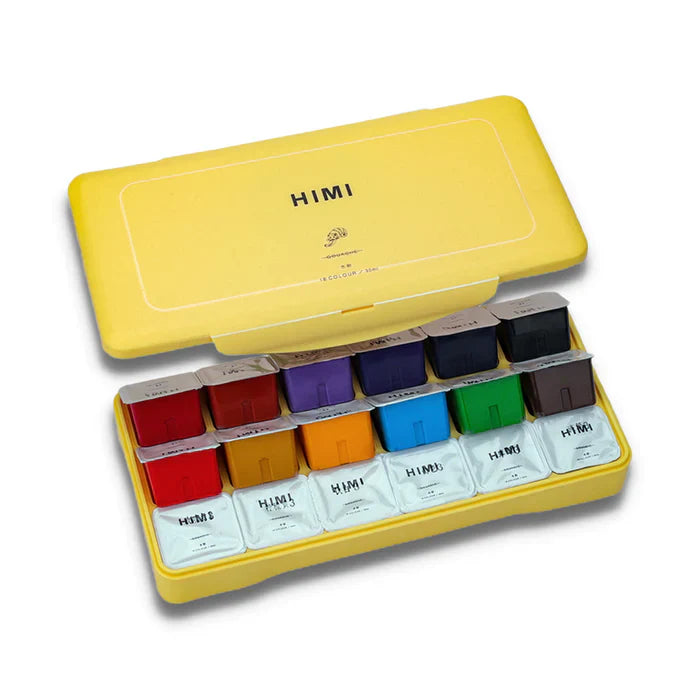 A Yellow case with 18 vibrant paint colors for art projects by HIMI.