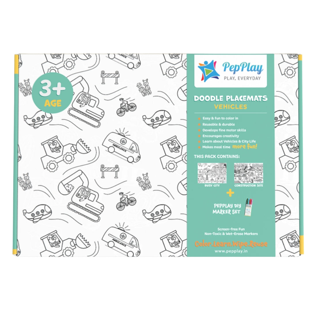 Doodle Placemats Vehicles product pack – reusable colouring mats with 8 quick dry marker pens – PepPlay India
