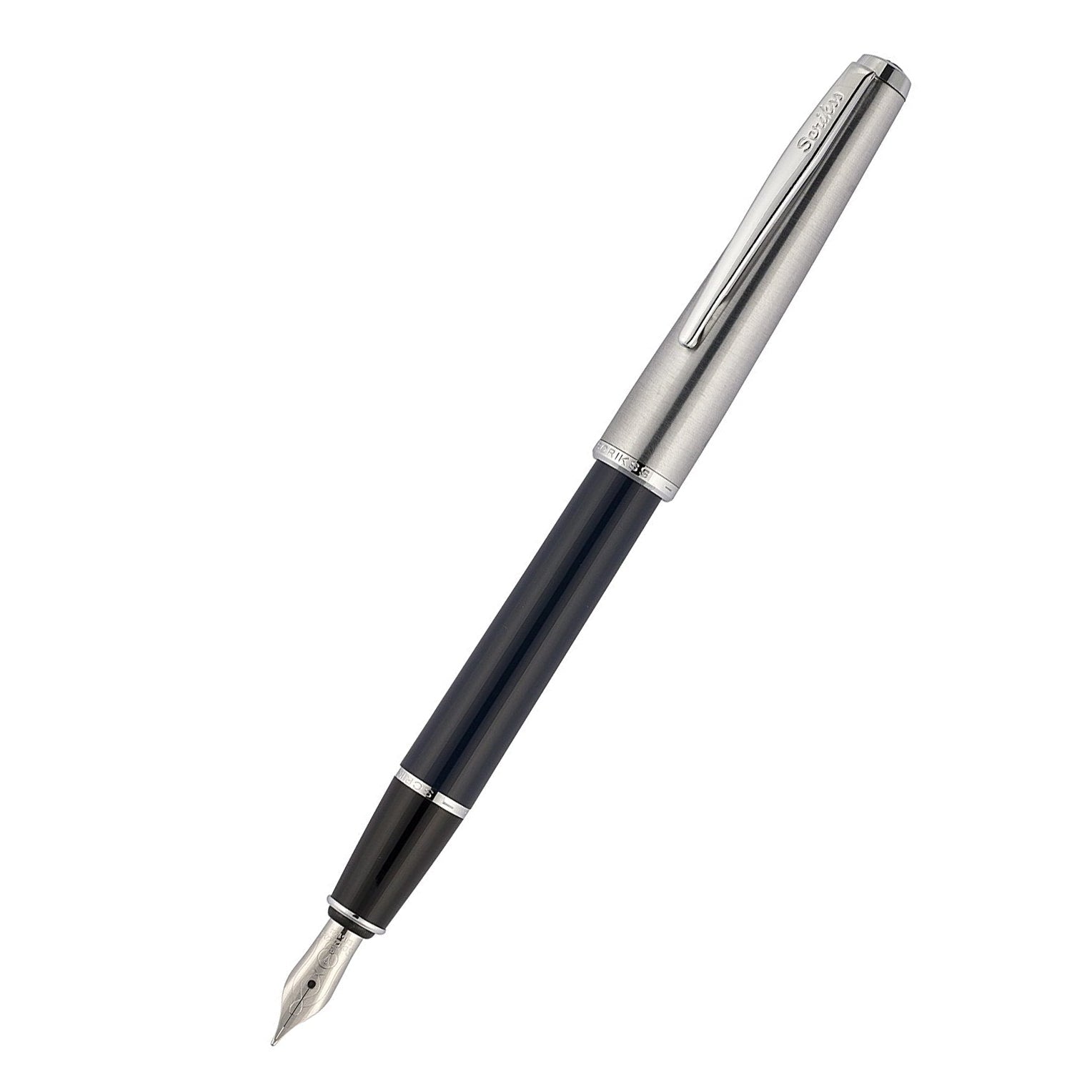 Scrikss Metropolis 78 Black Fountain Ink Pen With Medium Size Nib,Stainless Steel Cap, Chrome Trims, Mounted Converter Scrikss