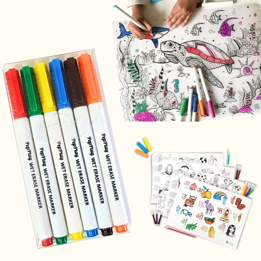 Wet erase markers with children colouring reusable mats – quick dry markers for mess-free creative play – PepPlay India