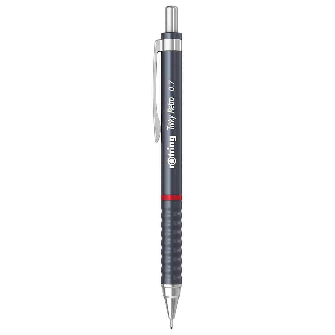 Rotring | 0.7mm  | Metallic Grey Clutch Lead | Mechanical Pencil | Tikky Retro | 2B Lead | Eraser Inbuilt Rotring