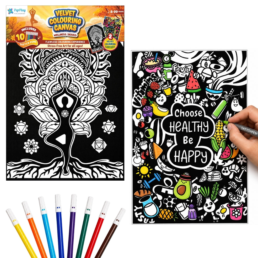 PepPlay Velvet Colouring Canvas, Set of 2 – Wellness Series Mindful Yoga & Healthy Be Happy - Wellness Combo