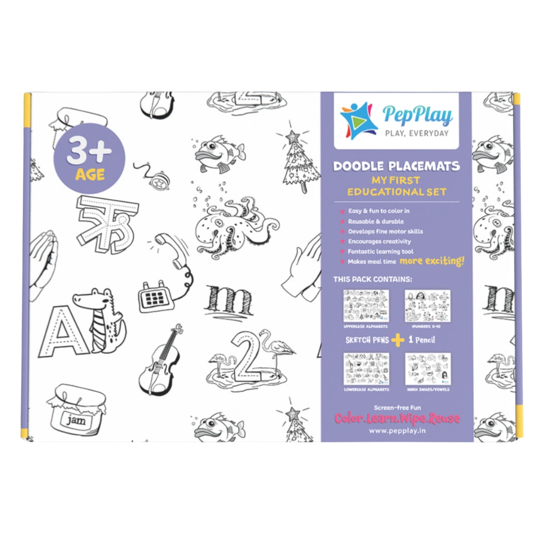Doodle Placemats My First Educational Set product pack – reusable learning mats with numbers, alphabets and early concepts – PepPlay India