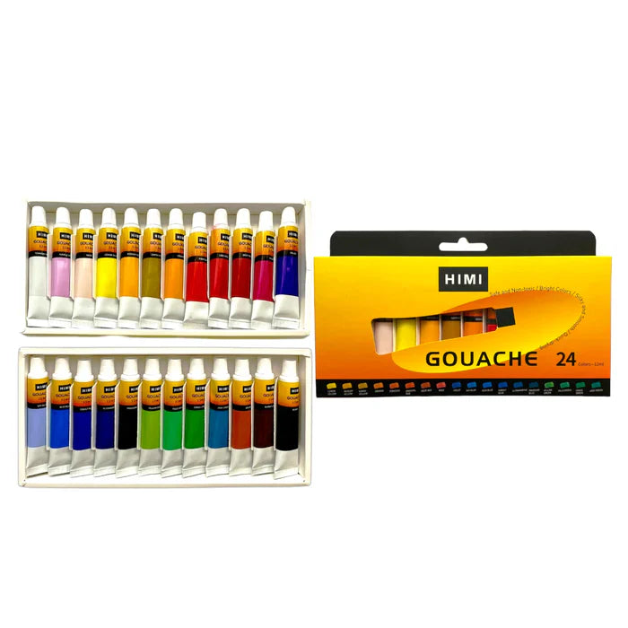 Gouache set with 24 vibrant colors for all your painting needs.