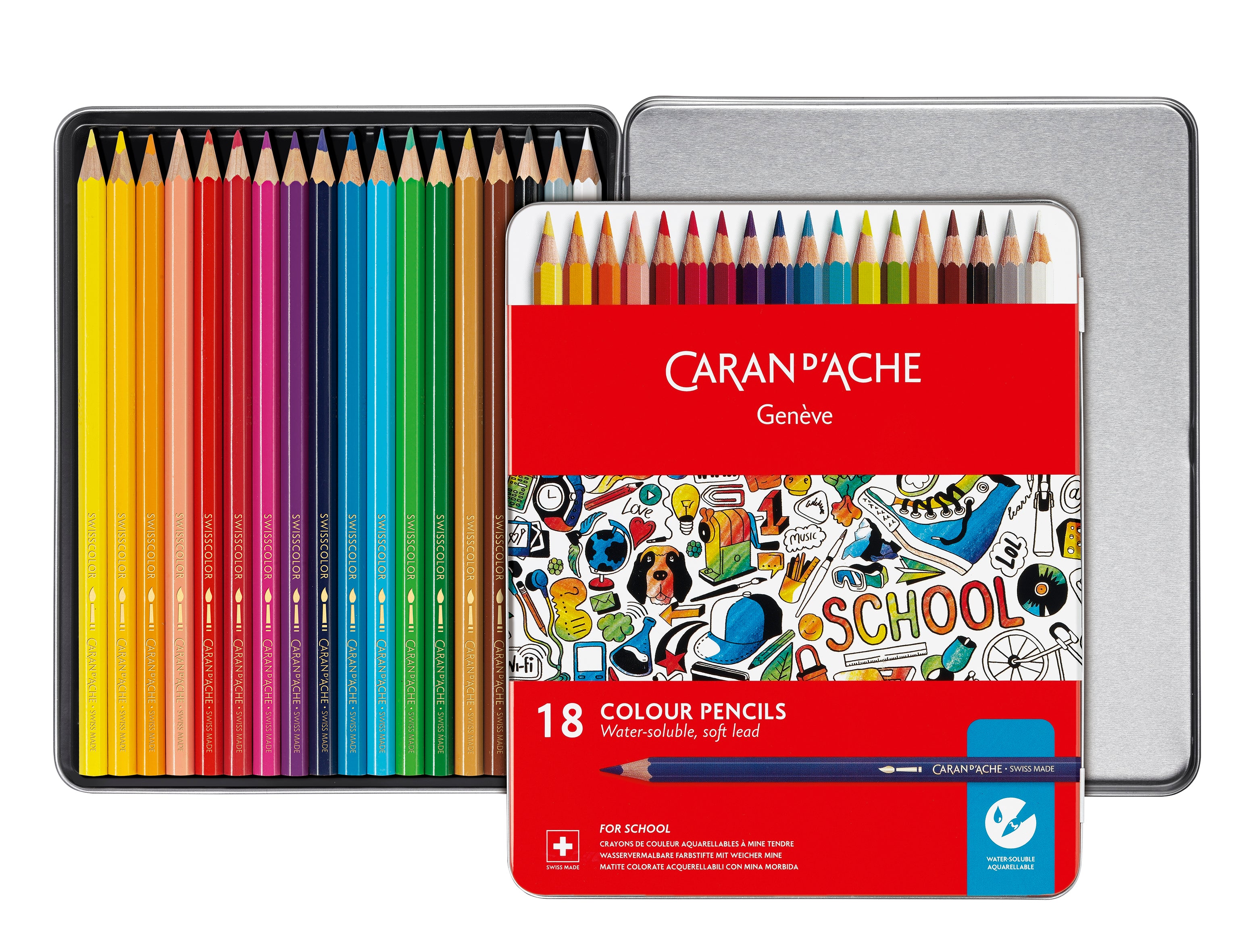 Caran D'Ache Water Soluble Pencils Metal Box 18 Shades
