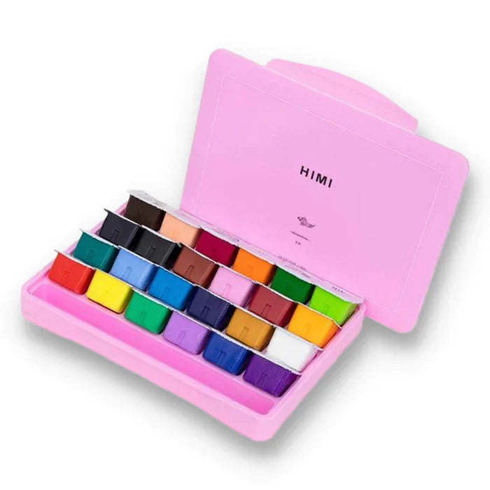 A pink case with 24 assorted color paint shades by HIMI.