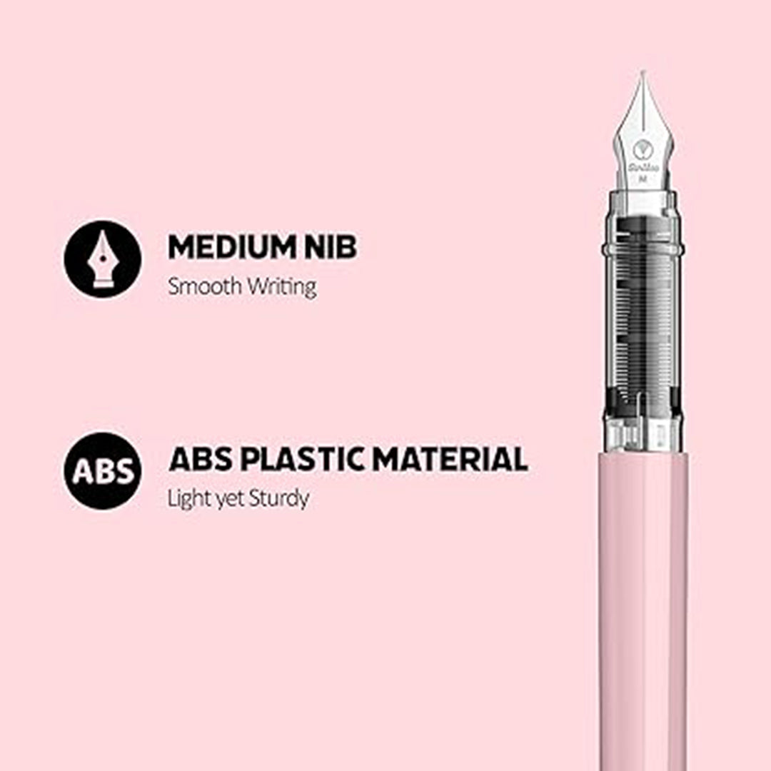 Scrikss Primeo Medium Nib Fountain Pen | 3 Cartridges Included | Stainless Steel Nib & ABS Body | Pink | in Blister Pack Scrikss