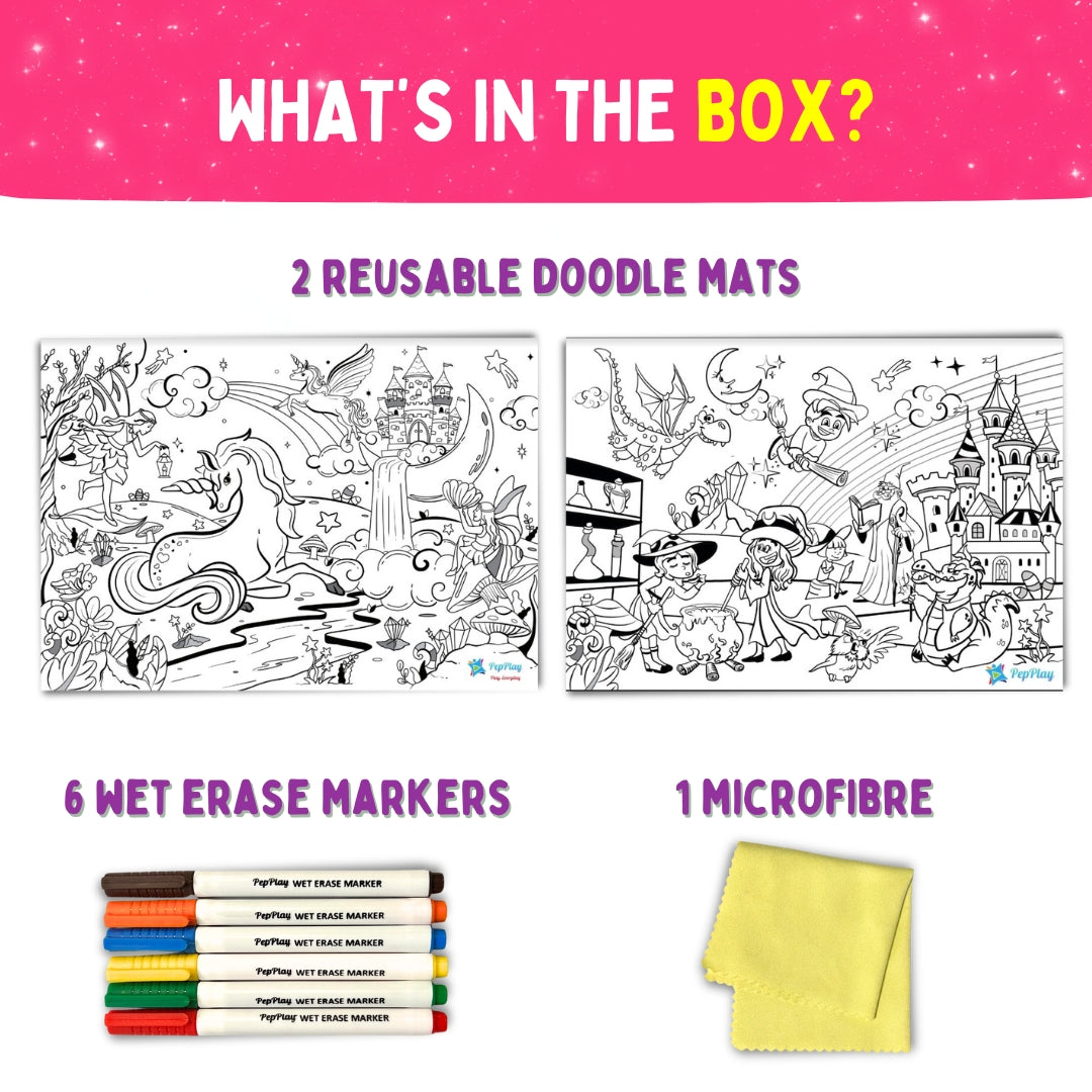 Magical Land – box contents with 2 reusable doodle mats, 6 wet-erase markers and microfibre cloth – complete 9-piece reusable activity set – PepPlay India