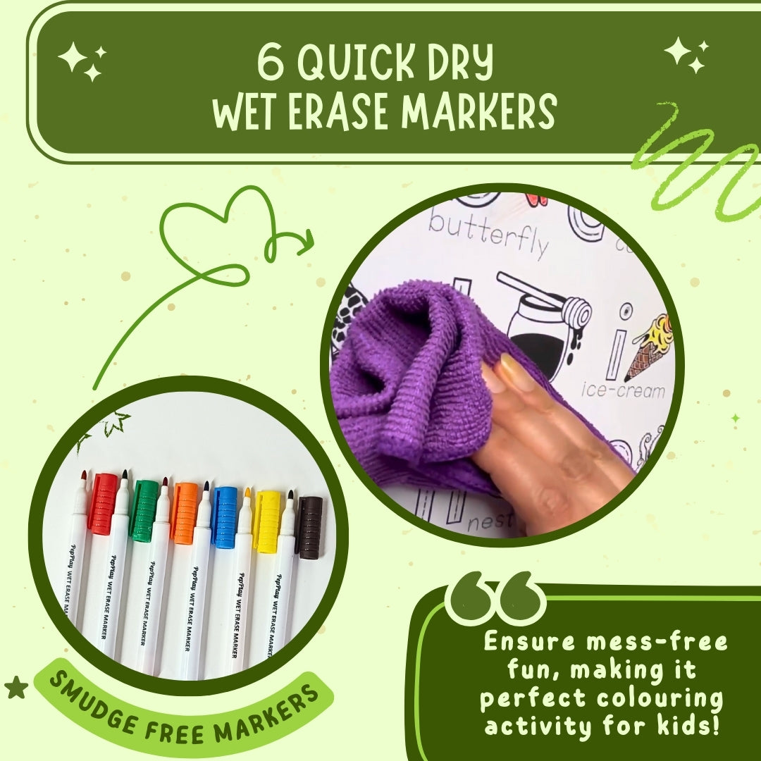 Six quick dry wet erase markers – smooth colouring for reusable mats and activity sheets – PepPlay India