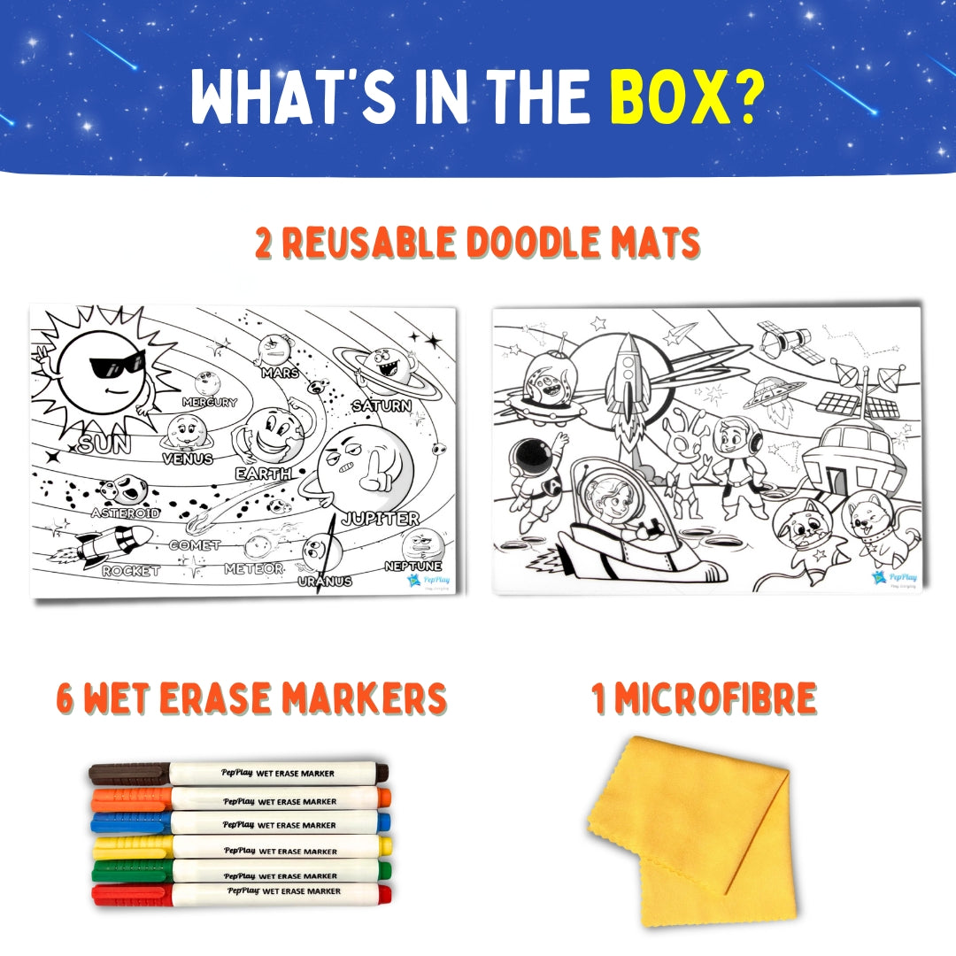 2.	What’s in the box for Recolourables Space Saga – 2 reusable doodle mats, 6 wet erase markers and 1 microfibre cloth – PepPlay India