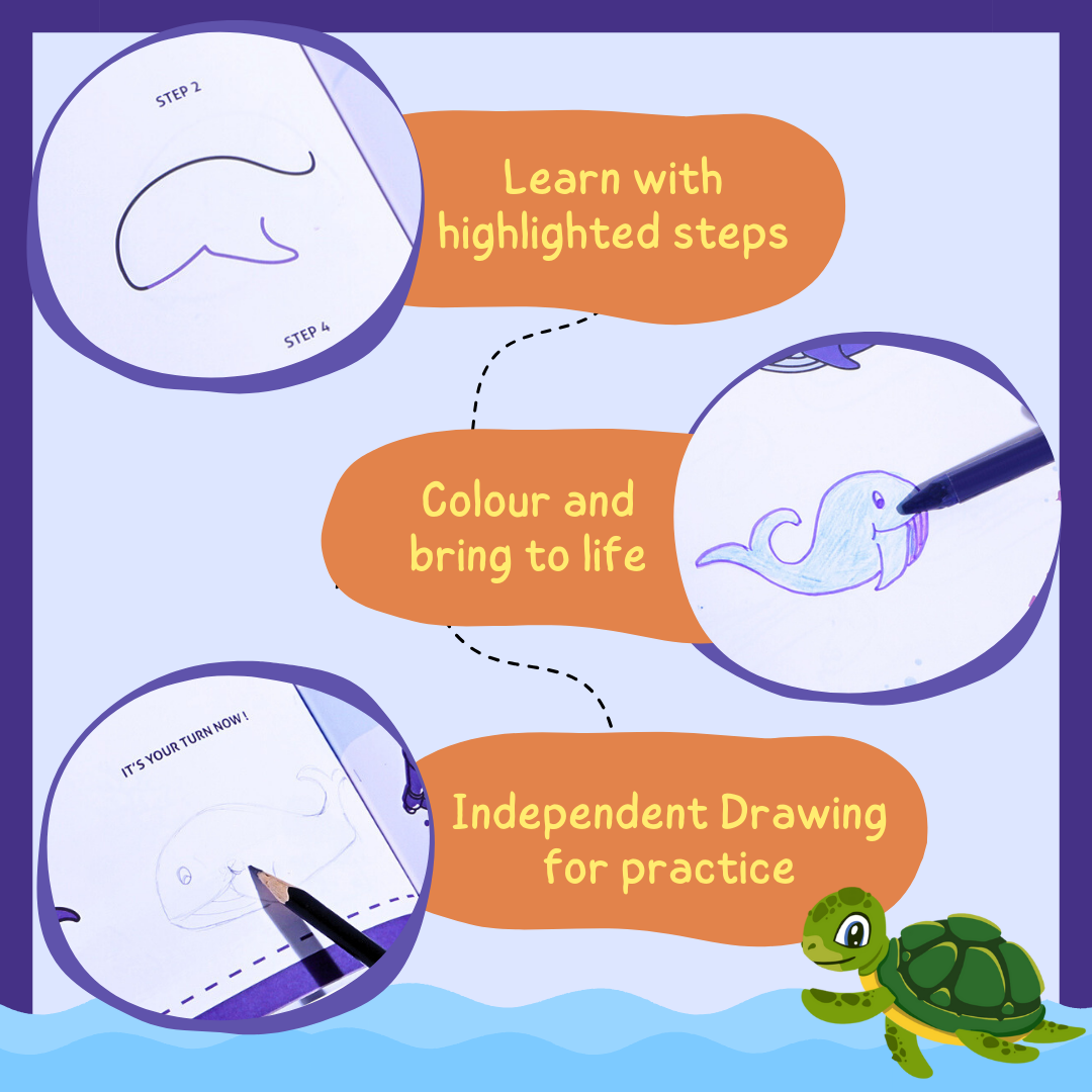 Highlighted drawing steps from the book – colour and bring marine animals to life – PepPlay India