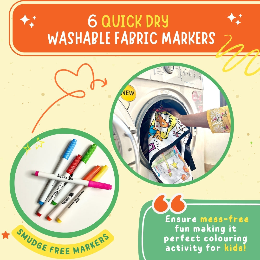 Six quick dry washable fabric markers – mess-free fabric colouring activity for kids – PepPlay India