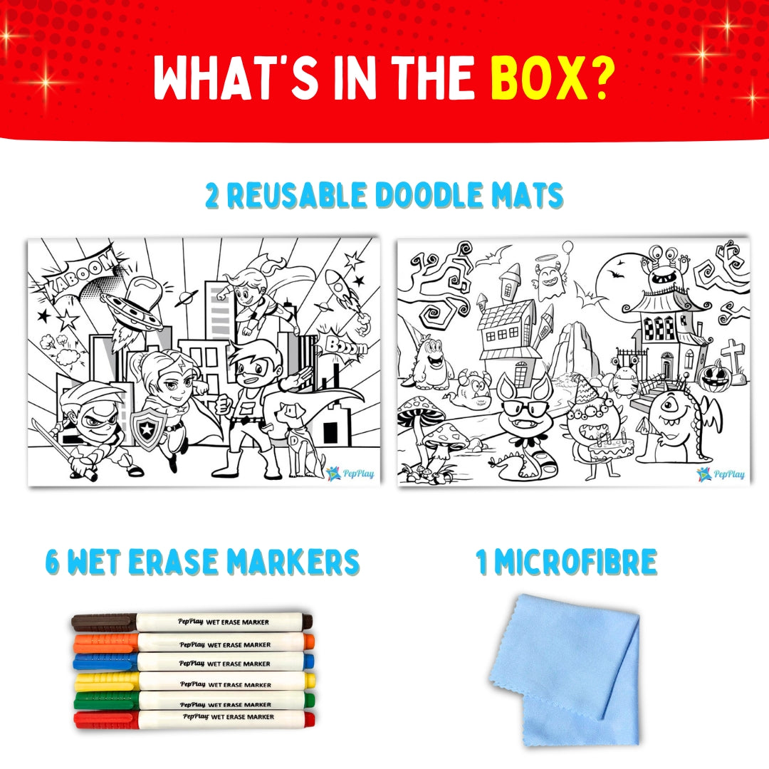 What’s in the box for Recolourables Super Power – 2 reusable doodle mats, 6 wet erase markers and 1 microfibre cloth – PepPlay India