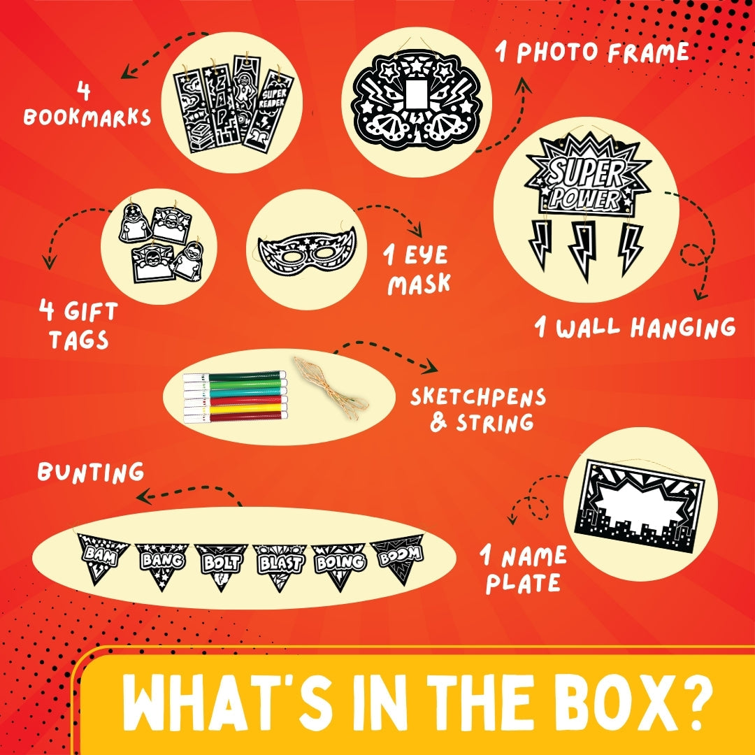What’s in the box for Colour in Velvet Heroes and Power – photo frames, gift tags, eye mask, wall hangings, bunting and colouring sheets – PepPlay India