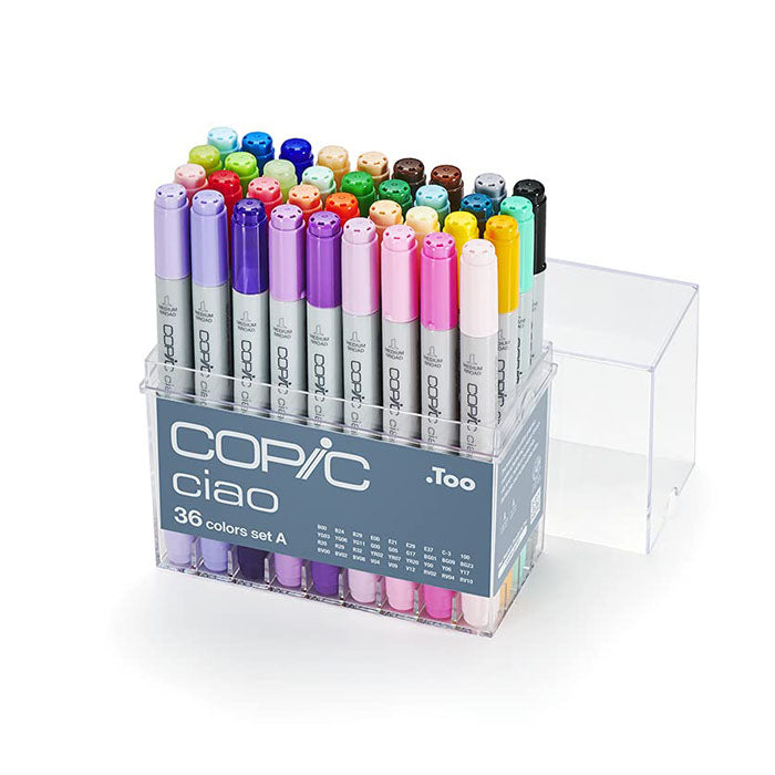 Colorful markers in transparent box.