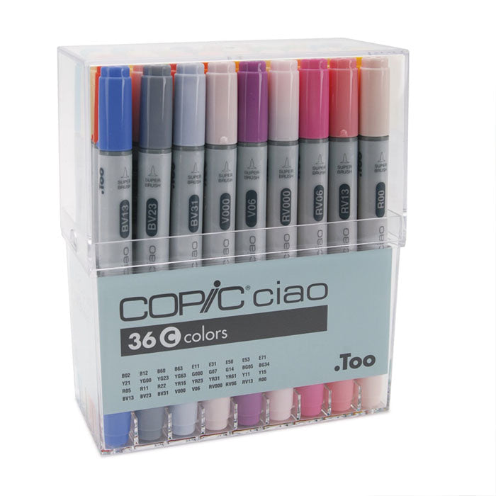 Colorful markers in transparent box.