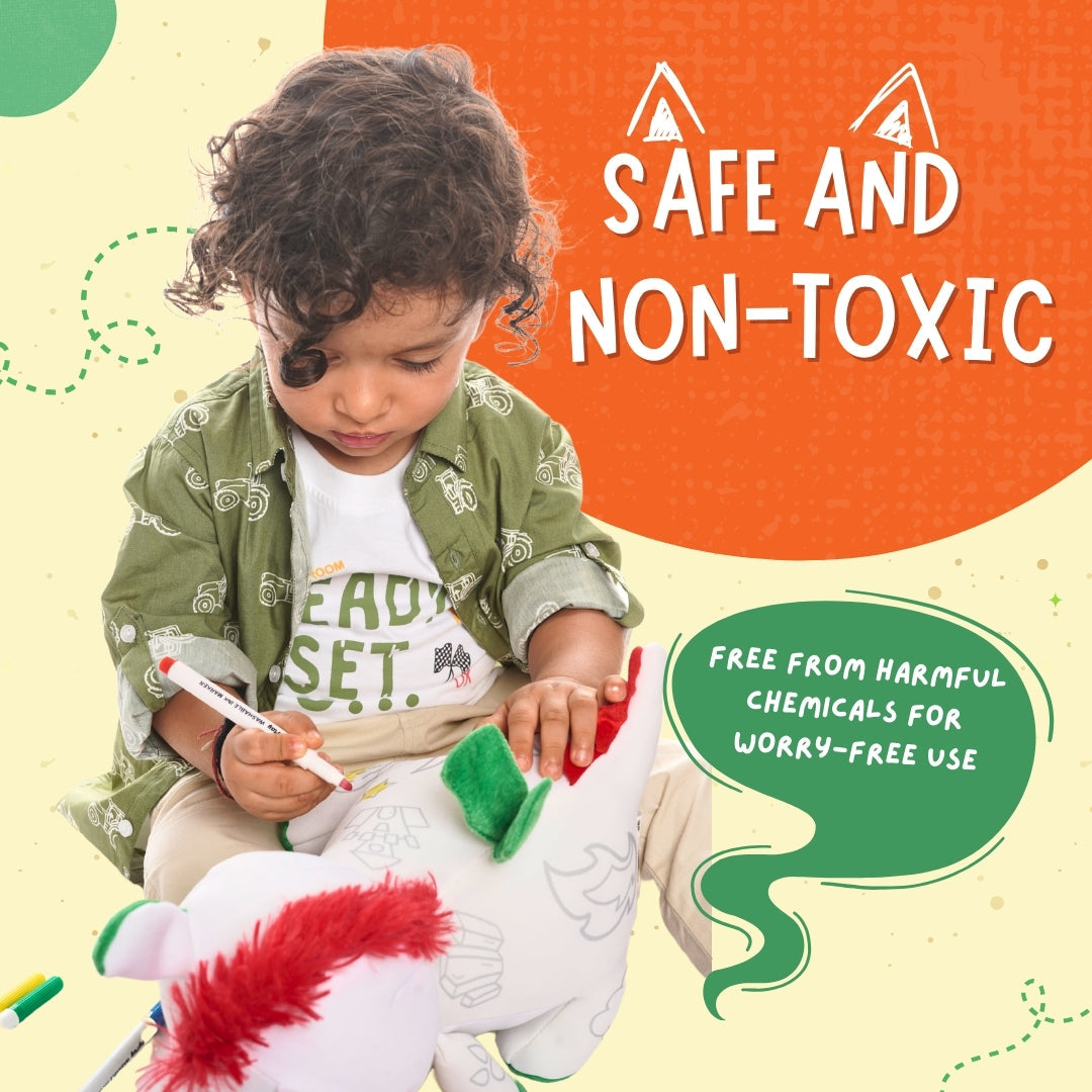 Child colouring a fabric toy with markers – safe and non-toxic creative play – PepPlay India
