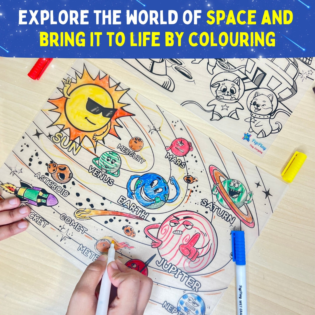 Child colouring a Space Saga doodle placemat – reusable space-themed colouring activity for kids – PepPlay India