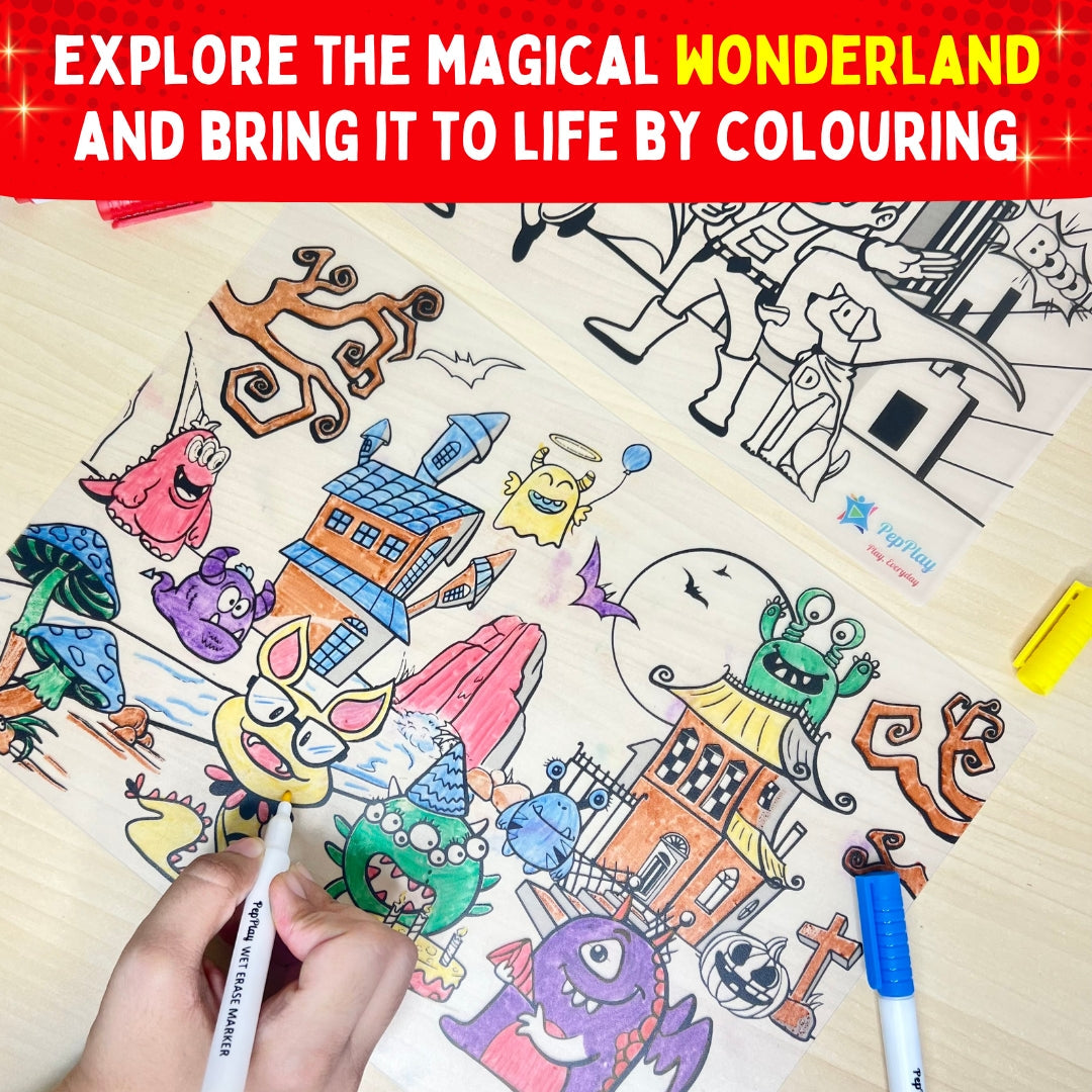 Child colouring a magical wonderland doodle mat – reusable colouring activity that brings fantasy scenes to life – PepPlay India