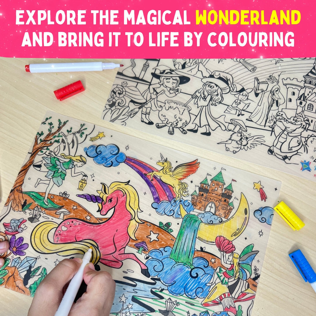 Magical Land – child colouring the magical land placemat with markers – creative colour and wipe play – PepPlay India
