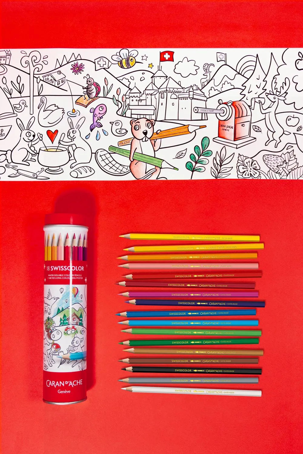 Caran D'Ache 18 Swisscolor Water-soluble Colour Pencils + Poster of Swiss Animals