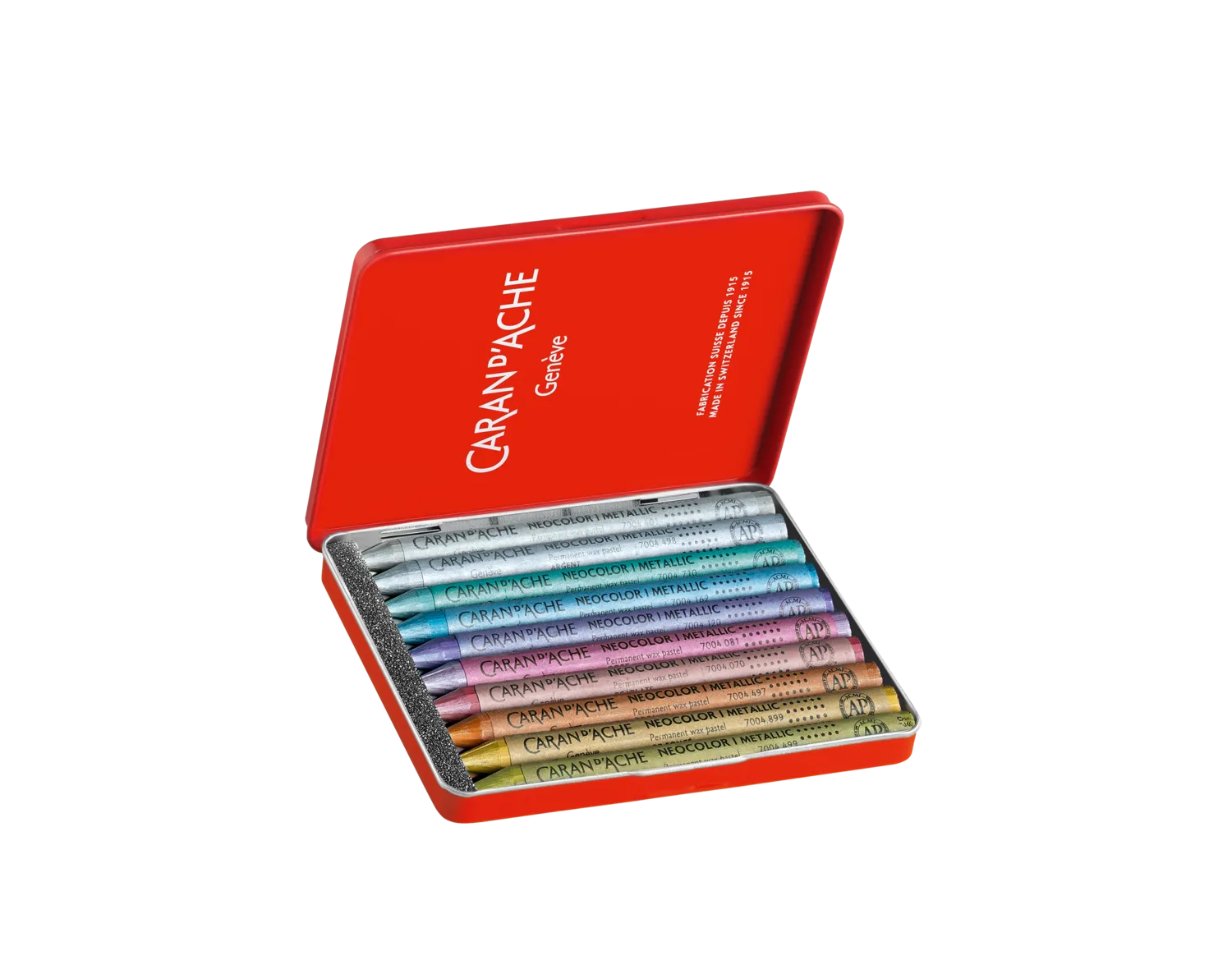“Caran d’Ache NEOCOLOR I Metallic Pastels Box of 10 – premium metallic wax pastels in assorted colours.”