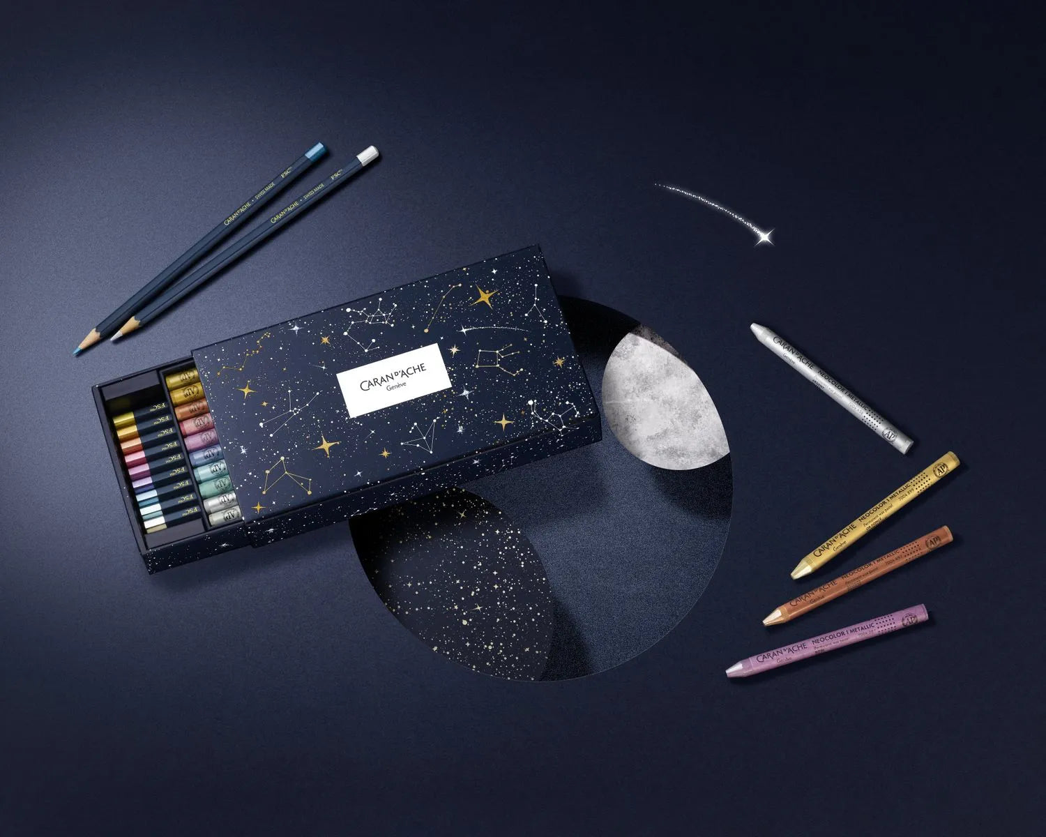 Caran D'Ache Cosmic Blue Mixed Media Metallic Set – Special Edition with Metallic Pencils and Neocolor I Pastels
