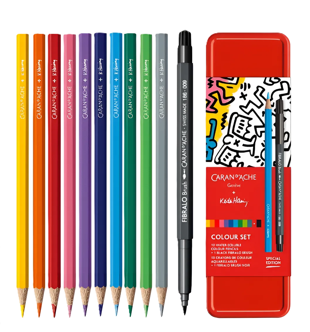 Caran D'Ache + Keith Haring Colour Set: 10 Water-Soluble Pencils & Brush Pen