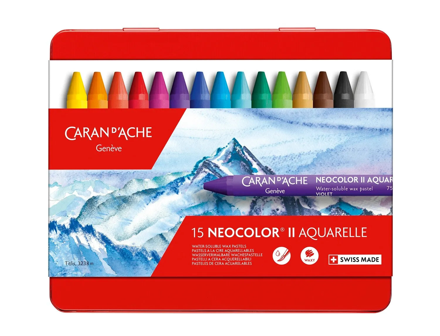 Caran d’Ache Neocolor II Aquarelle 15-colour metal tin featuring vibrant water-soluble pastels