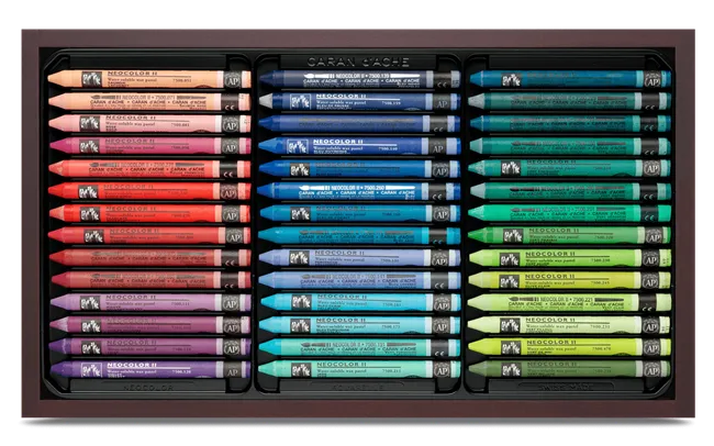 Caran d’Ache Neocolor II Aquarelle 84-colour wooden gift box featuring complete pastel collection in a premium wooden case