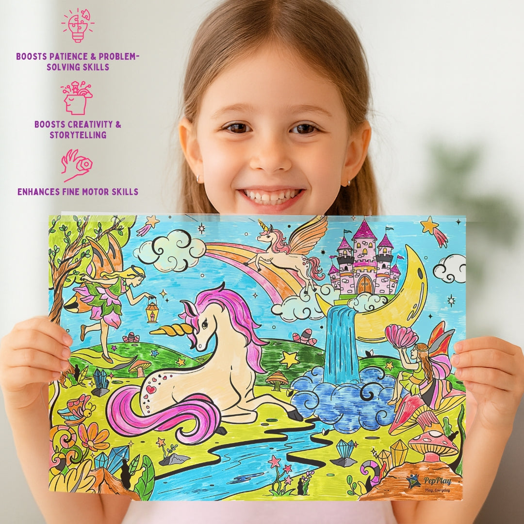 Magical Land – child holding finished coloured placemat artwork – boosts creativity and fine motor skills – PepPlay India