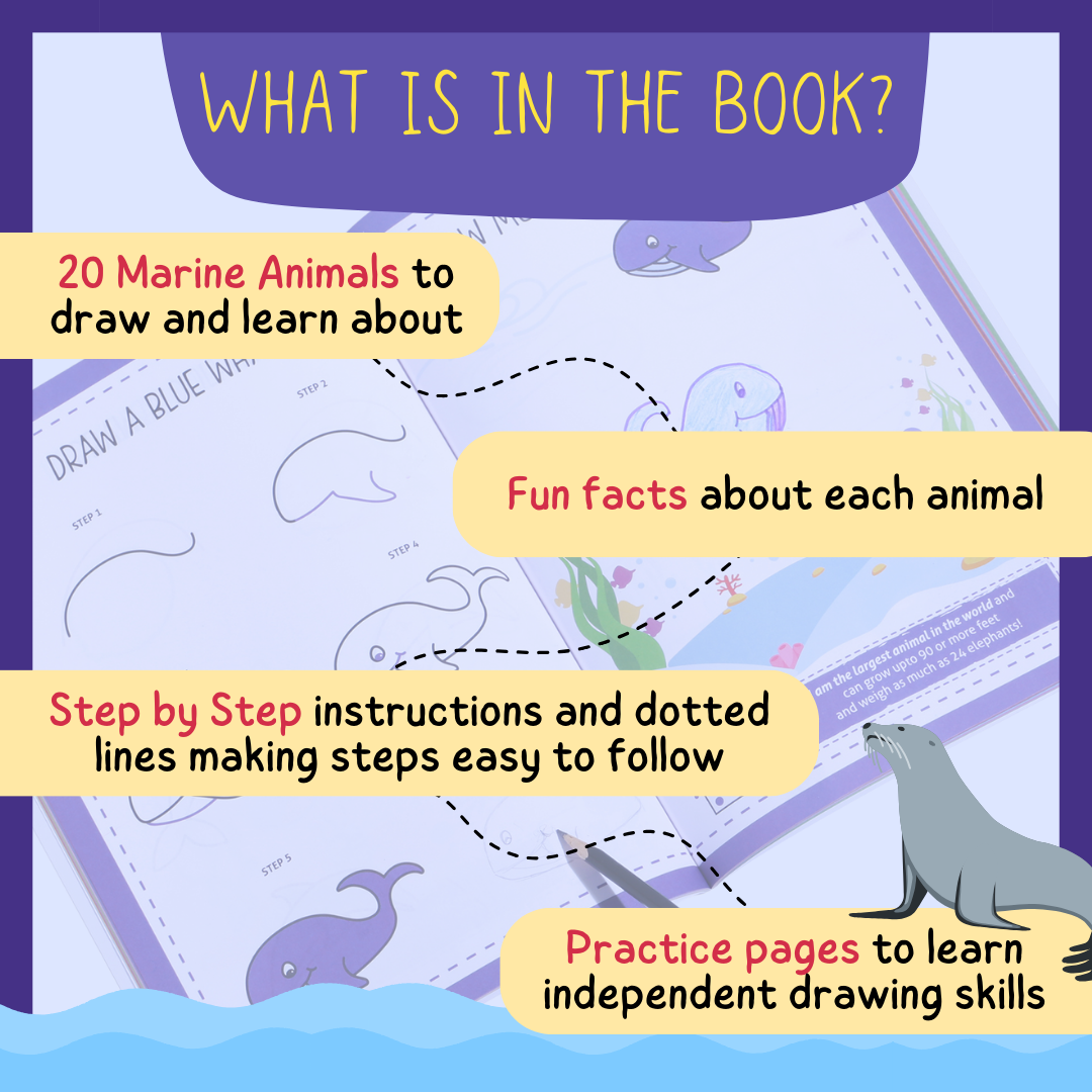 What’s in the drawing book page – 20 marine animals, dotted lines, step-by-step instructions and fun facts – PepPlay India