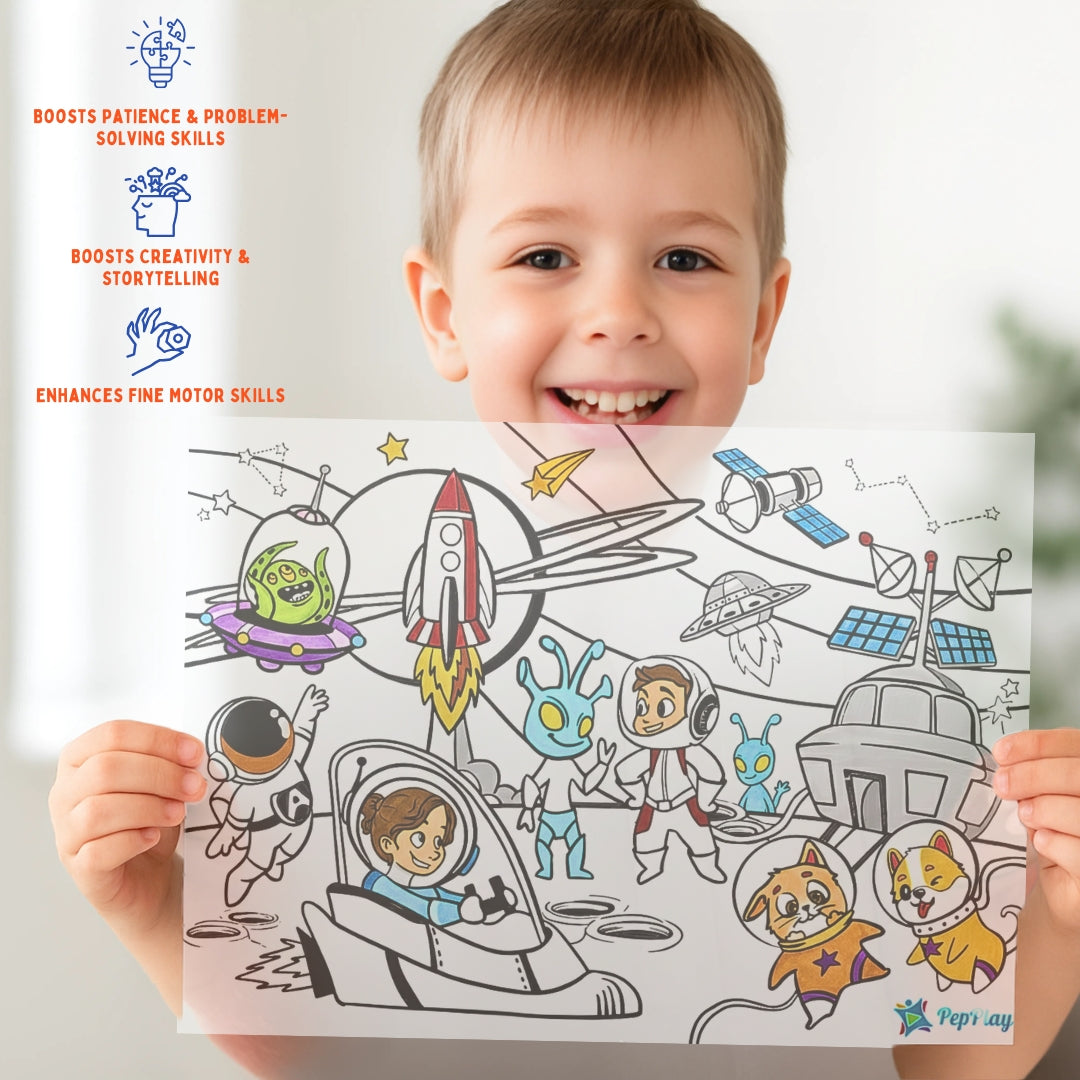 Child holding a space doodle mat – boosts patience, creativity, storytelling and fine motor skills – PepPlay India