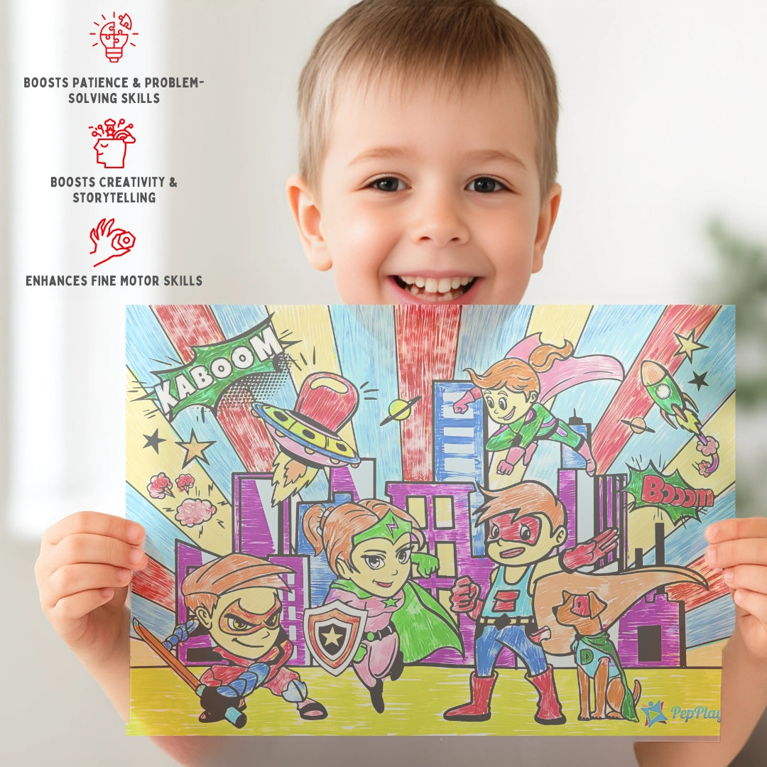 Child holding a coloured Super Power doodle mat – boosts patience, creativity, storytelling and fine motor skills – PepPlay India