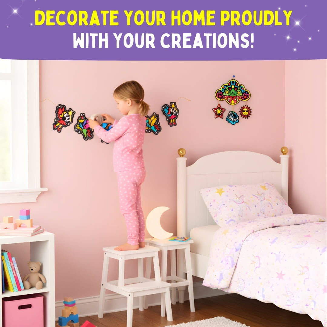 Child decorating a bedroom with unicorn and fairy crafts – DIY home decor using finished creations – PepPlay India