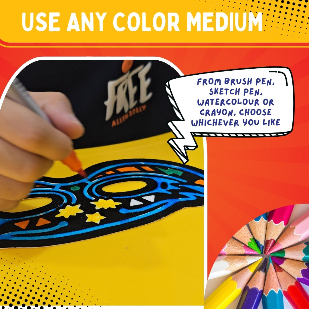 Close-up of colouring on velvet sheet – works with any colour medium for creative expression – PepPlay India