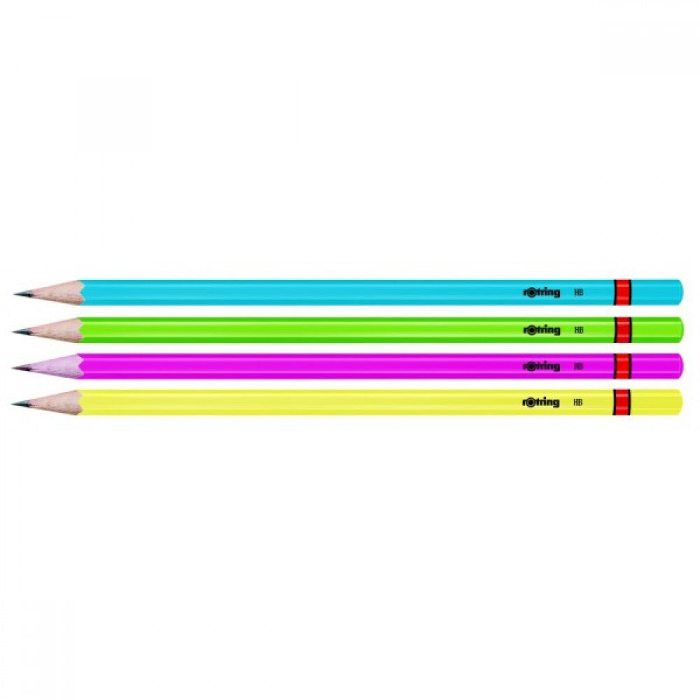 Rotring | Woodcase | HB Graphite Pencil | Neon Assorted Colours | Blister Pack of 4 Wooden Pencils Rotring